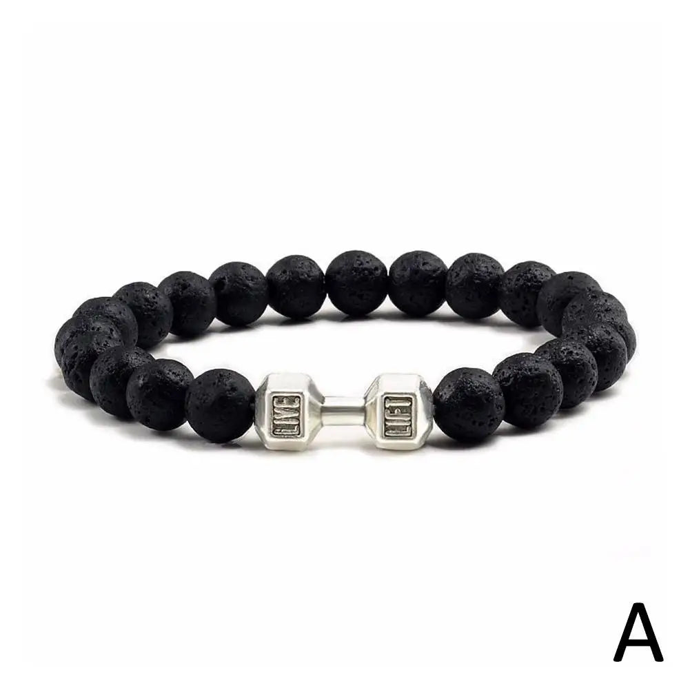 Natural Volcanic Stone Bracelet Men Matte Black Lave White Beads Charm Dumbbell Strand Bracelets Women Barbell Fitness Jewelry