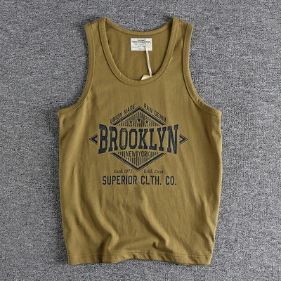 Summer New 230g American Retro Sleeveless O-neck Letter Printed T-shirt Men's 100% Cotton Washed Casual Sports Fitness Vest Tops