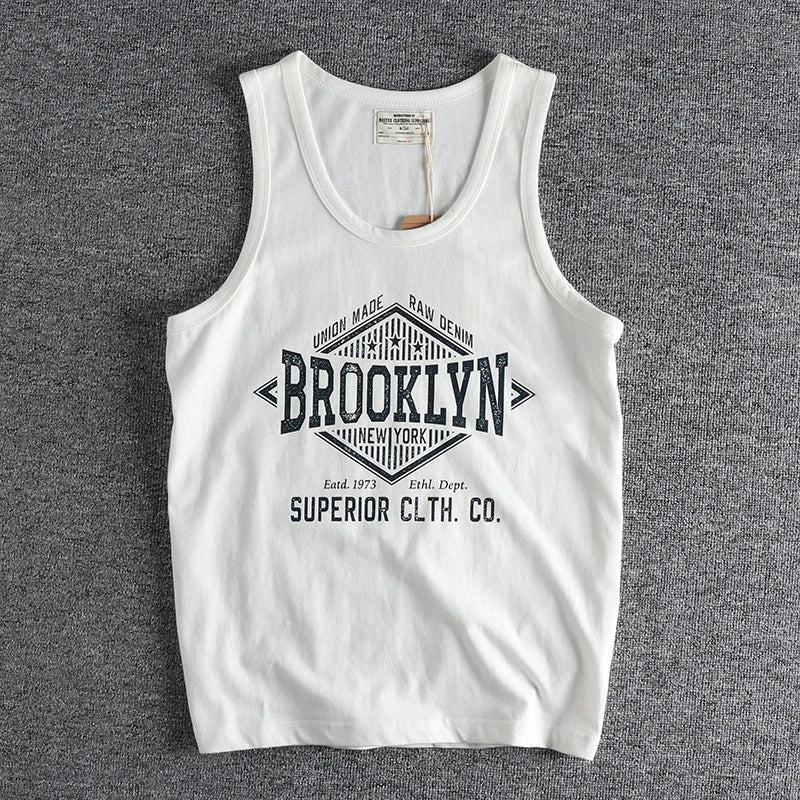 Summer New 230g American Retro Sleeveless O-neck Letter Printed T-shirt Men's 100% Cotton Washed Casual Sports Fitness Vest Tops