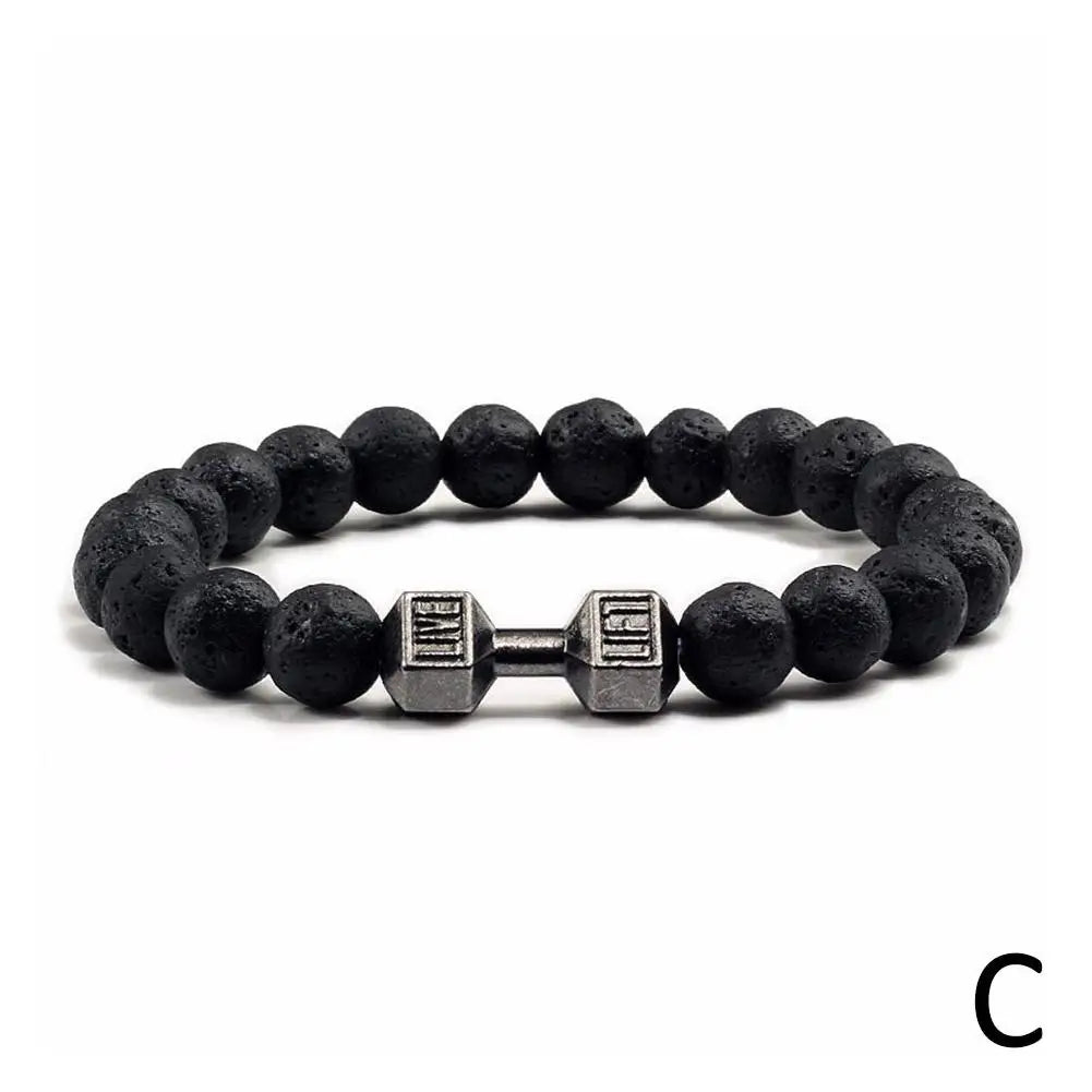 Natural Volcanic Stone Bracelet Men Matte Black Lave White Beads Charm Dumbbell Strand Bracelets Women Barbell Fitness Jewelry