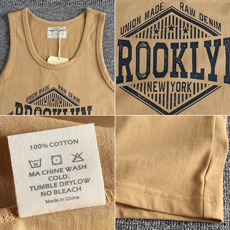 Summer New 230g American Retro Sleeveless O-neck Letter Printed T-shirt Men's 100% Cotton Washed Casual Sports Fitness Vest Tops