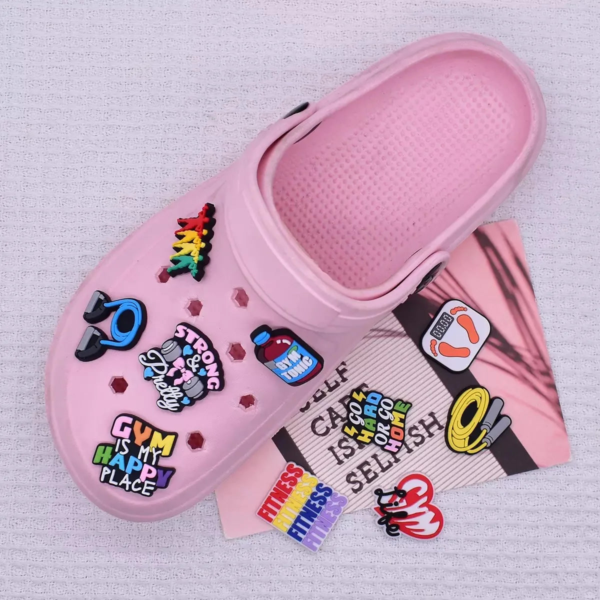 1-21PCS Gym Life Fitness Hot Girls Lift Weights Strong Pretty PVC Shoe Charms Buckle Clog Sandals Shoes Decoration Women Gift