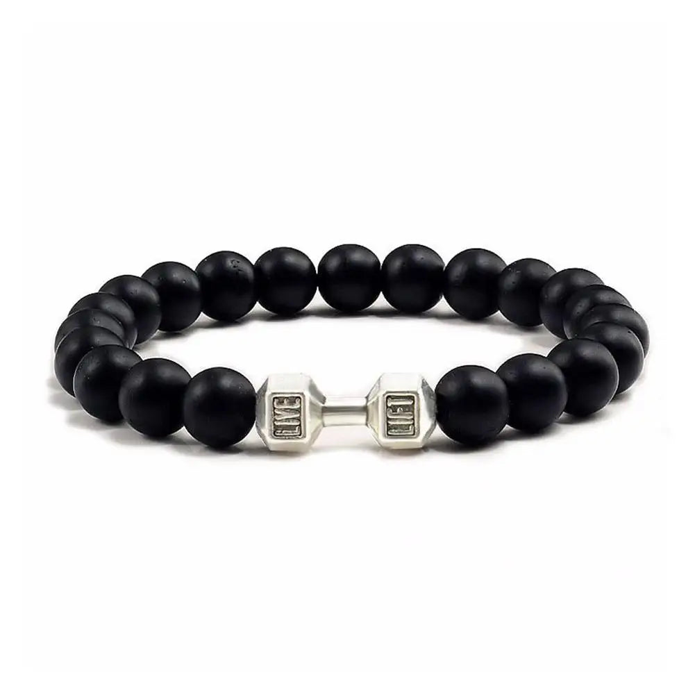 Natural Volcanic Stone Bracelet Men Matte Black Lave White Beads Charm Dumbbell Strand Bracelets Women Barbell Fitness Jewelry