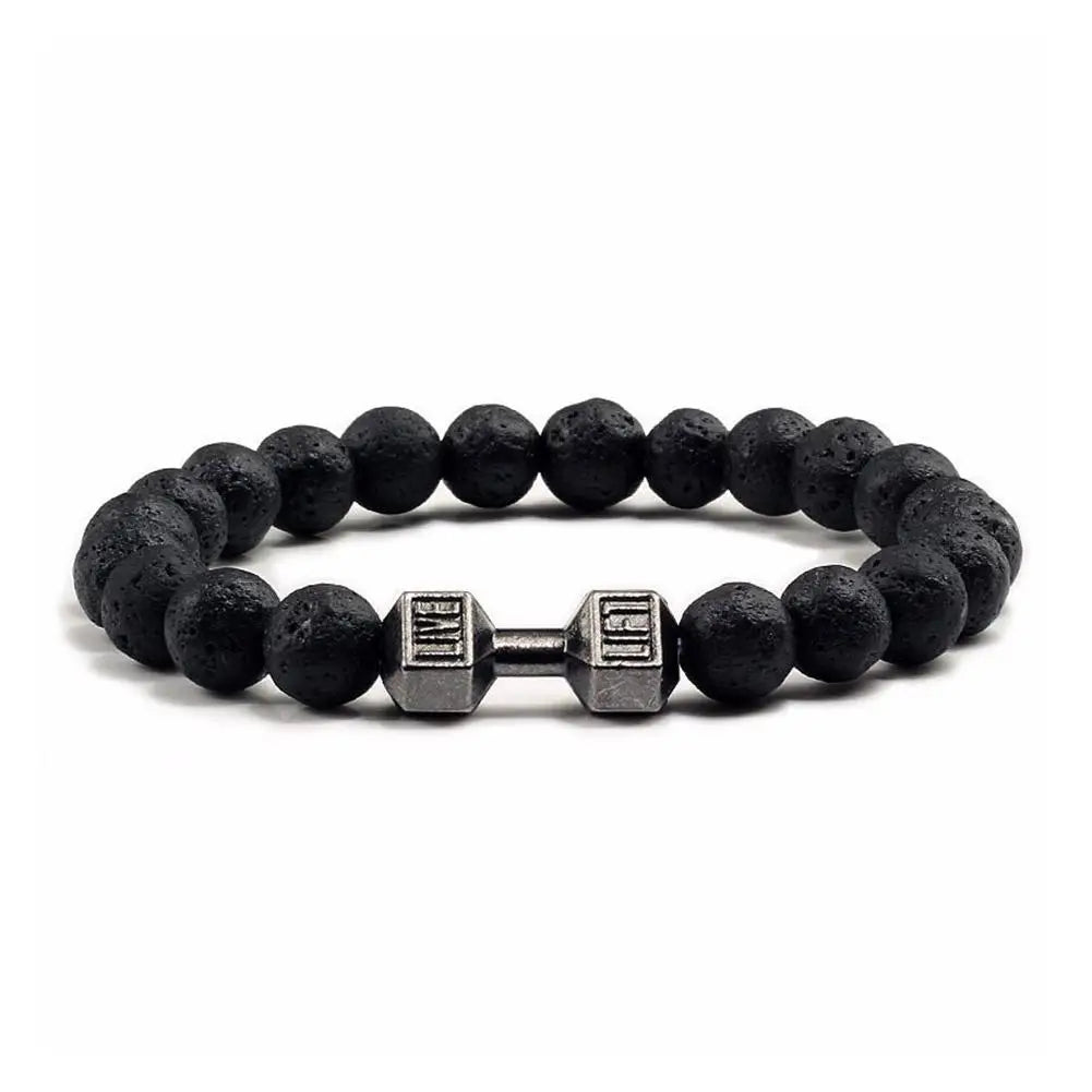 Natural Volcanic Stone Bracelet Men Matte Black Lave White Beads Charm Dumbbell Strand Bracelets Women Barbell Fitness Jewelry