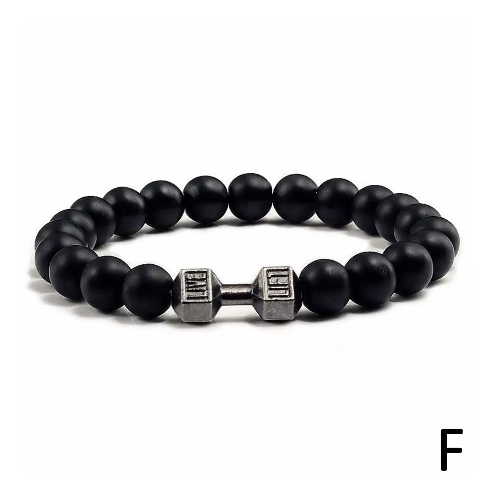 Natural Volcanic Stone Bracelet Men Matte Black Lave White Beads Charm Dumbbell Strand Bracelets Women Barbell Fitness Jewelry