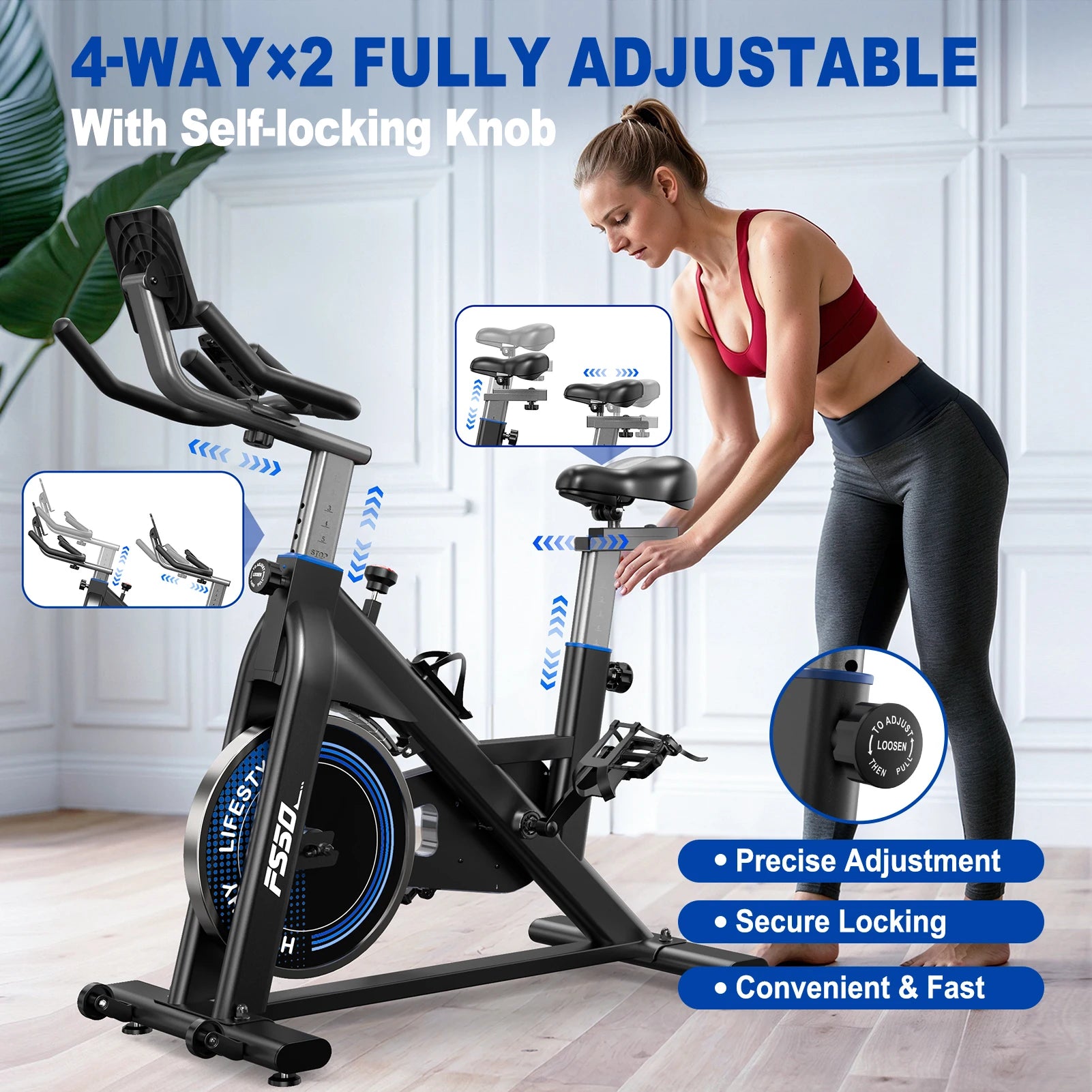 Fysiq Exercise Bike with 300 Watt Resistance Torque, 4-Way Fully Adjustable Ergometer Home Trainer Bicycle, Indoor Fitness Bikes
