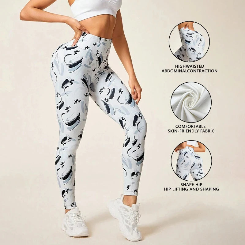 Women's Knitted Print Leggings pants High Waist No Roll Down Breathable Quick Dry Gym Fitness Running Hip Lifting Sports Wear
