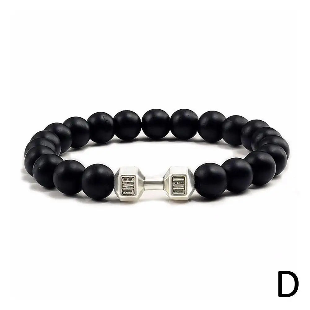 Natural Volcanic Stone Bracelet Men Matte Black Lave White Beads Charm Dumbbell Strand Bracelets Women Barbell Fitness Jewelry