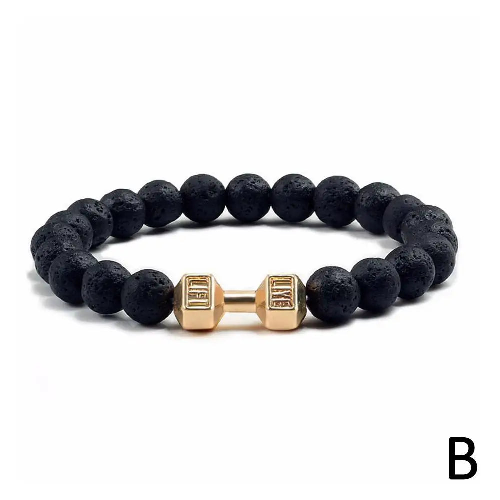Natural Volcanic Stone Bracelet Men Matte Black Lave White Beads Charm Dumbbell Strand Bracelets Women Barbell Fitness Jewelry