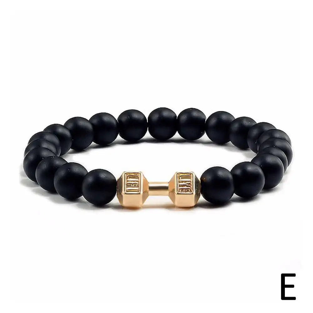 Natural Volcanic Stone Bracelet Men Matte Black Lave White Beads Charm Dumbbell Strand Bracelets Women Barbell Fitness Jewelry