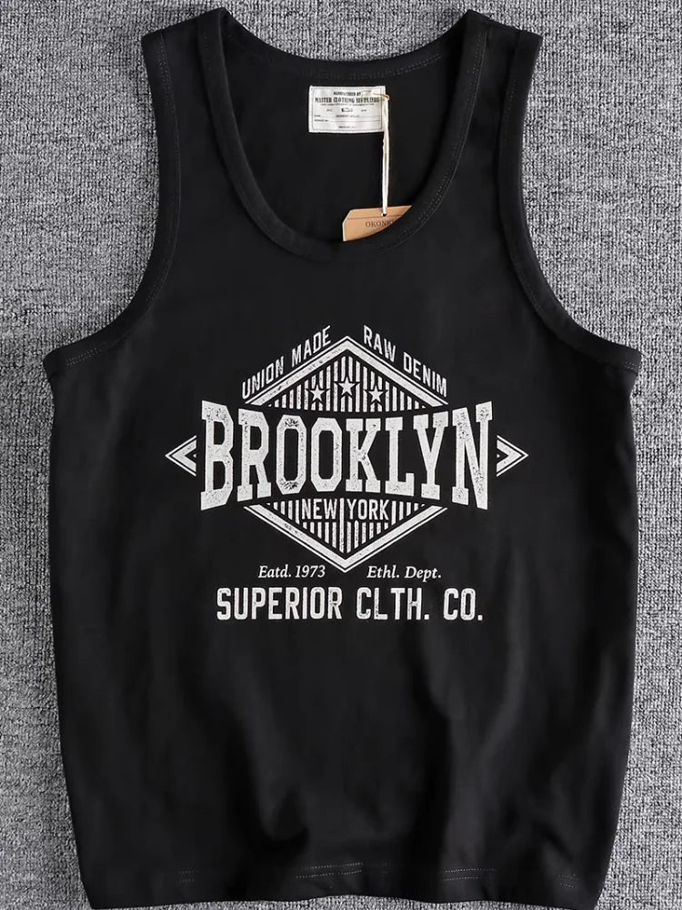 Summer New 230g American Retro Sleeveless O-neck Letter Printed T-shirt Men's 100% Cotton Washed Casual Sports Fitness Vest Tops