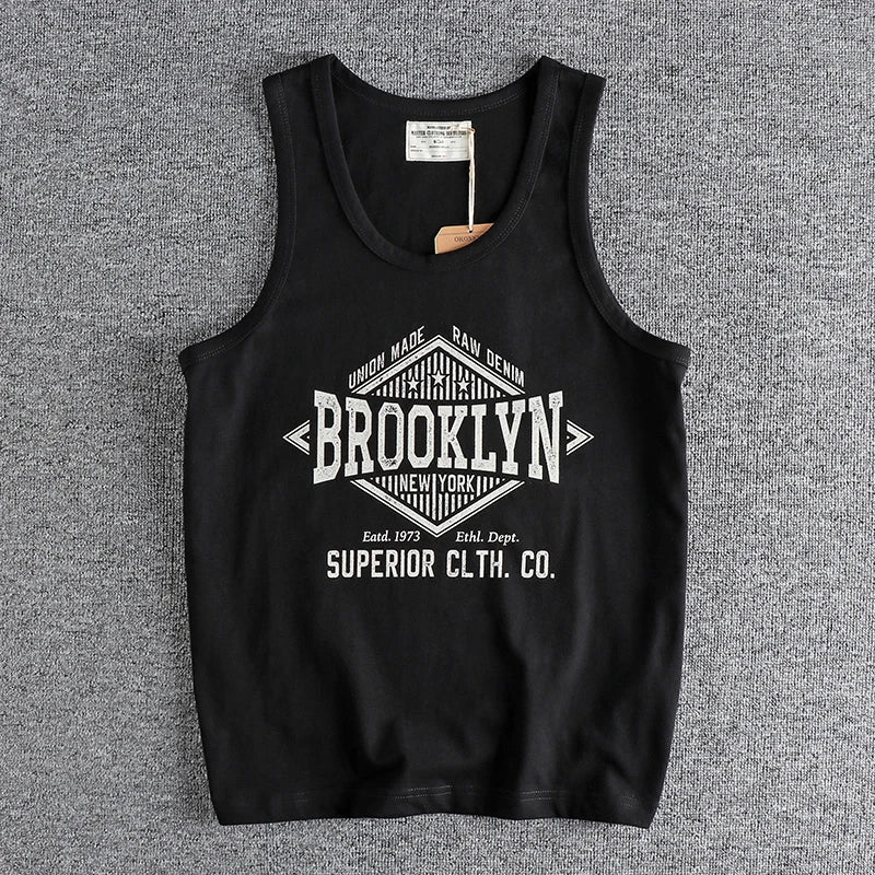 Summer New 230g American Retro Sleeveless O-neck Letter Printed T-shirt Men's 100% Cotton Washed Casual Sports Fitness Vest Tops