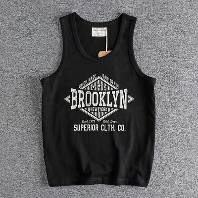 Summer New 230g American Retro Sleeveless O-neck Letter Printed T-shirt Men's 100% Cotton Washed Casual Sports Fitness Vest Tops